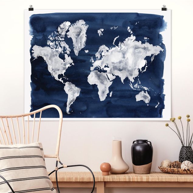 Wanddeko blau Wasser-Weltkarte dunkel