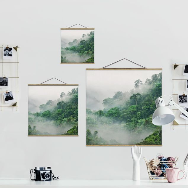 Stoffbild mit Posterleisten - Dschungel im Nebel - Quadrat 1:1