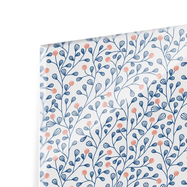 Glasrückwand Küche Blumen Blaues Pflanzen Muster mit Punkten in Rosa