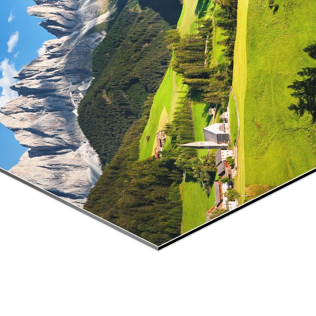 Wanddeko über Bett Geislerspitzen in Südtirol
