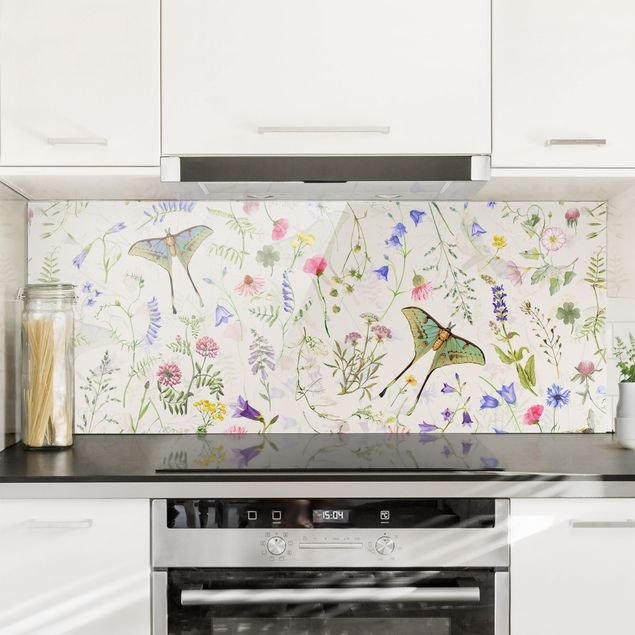 Wanddeko Küche Schmetterlinge mit Blumen auf Creme