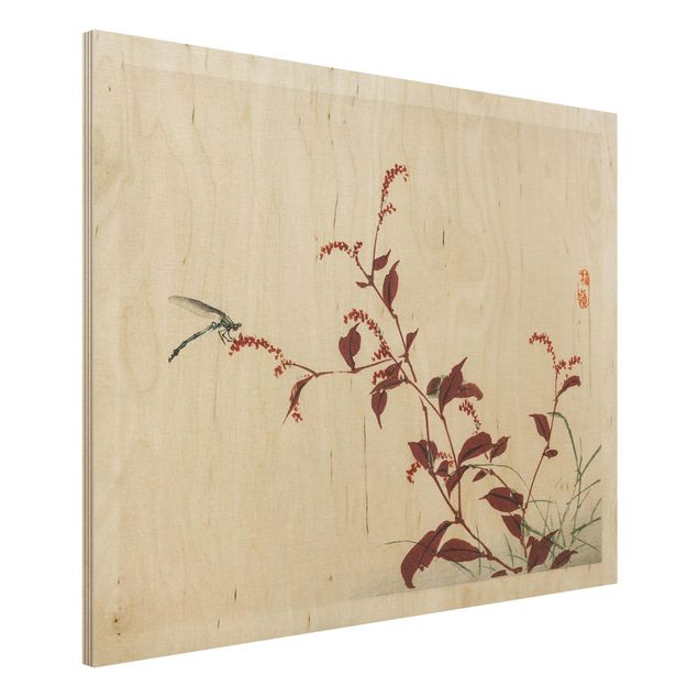Wanddeko Schlafzimmer Asiatische Vintage Zeichnung Roter Zweig mit Libelle