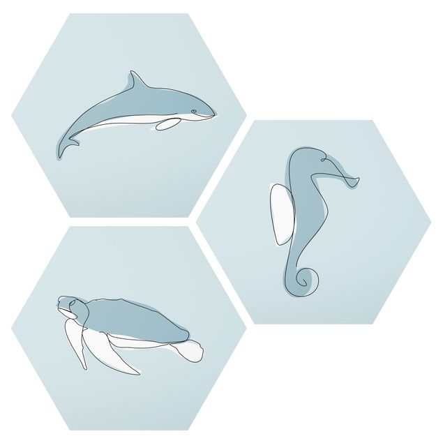 Wanddeko Flur Delfin Schildkröte Seepferdchen Line Art