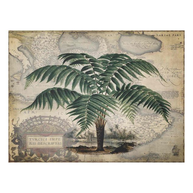 Wanddeko Flur Vintage Collage - Palme und Weltkarte