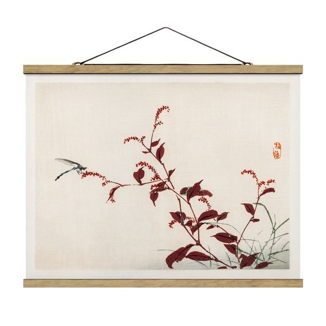 Wanddeko Esszimmer Asiatische Vintage Zeichnung Roter Zweig mit Libelle