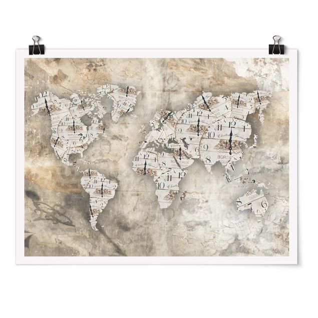 Wanddeko Esszimmer Shabby Uhren Weltkarte