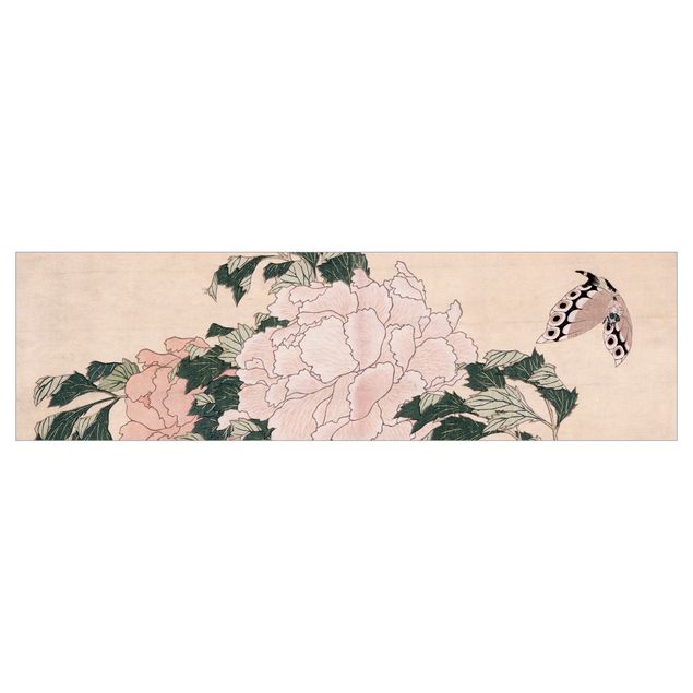 Wohndeko Malerei Katsushika Hokusai - Rosa Pfingstrosen mit Schmetterling