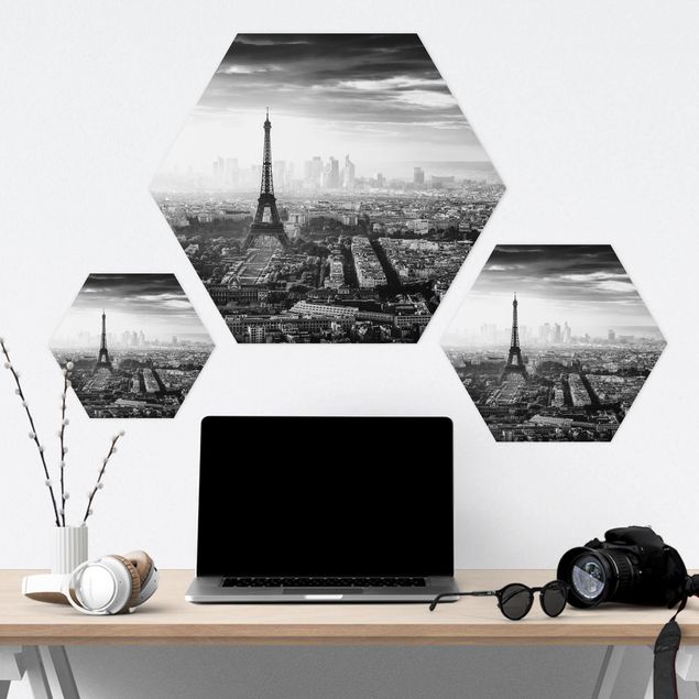 Wanddeko über Bett Der Eiffelturm von Oben Schwarz-weiß