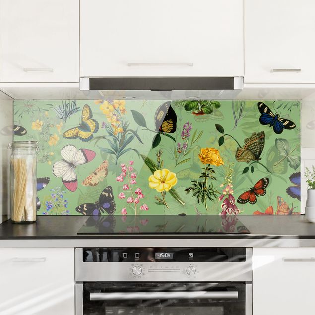 Wanddeko Küche Schmetterlinge mit Blumen auf Grün