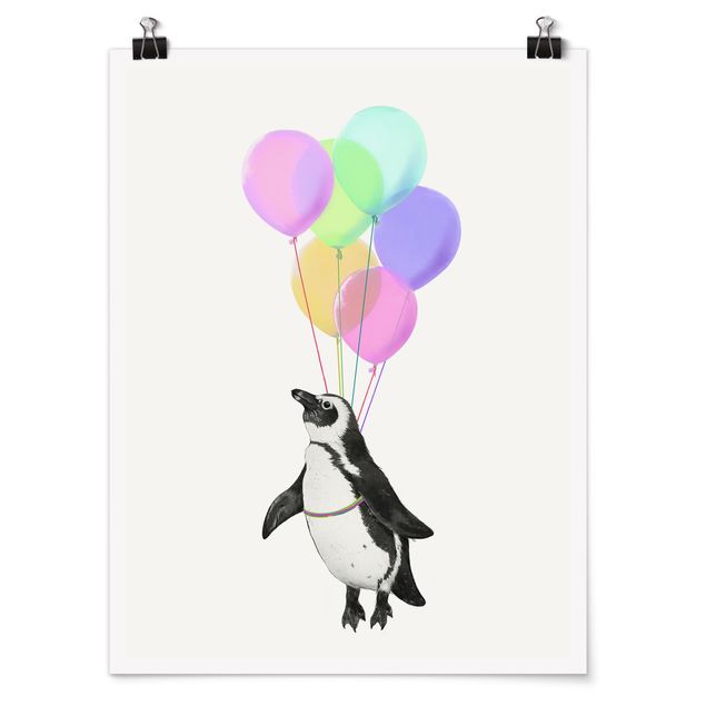 Wanddeko Esszimmer Illustration Pinguin Pastell Luftballons
