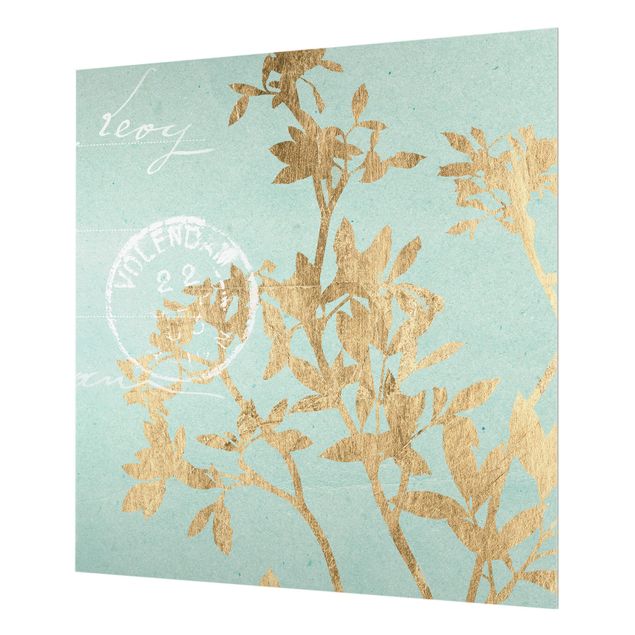 Wanddeko Vintage Goldene Blätter auf Turquoise II