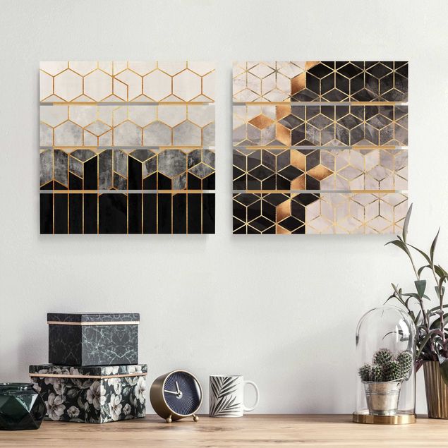 Wanddeko Schlafzimmer Goldene Geometrie Aquarell Set