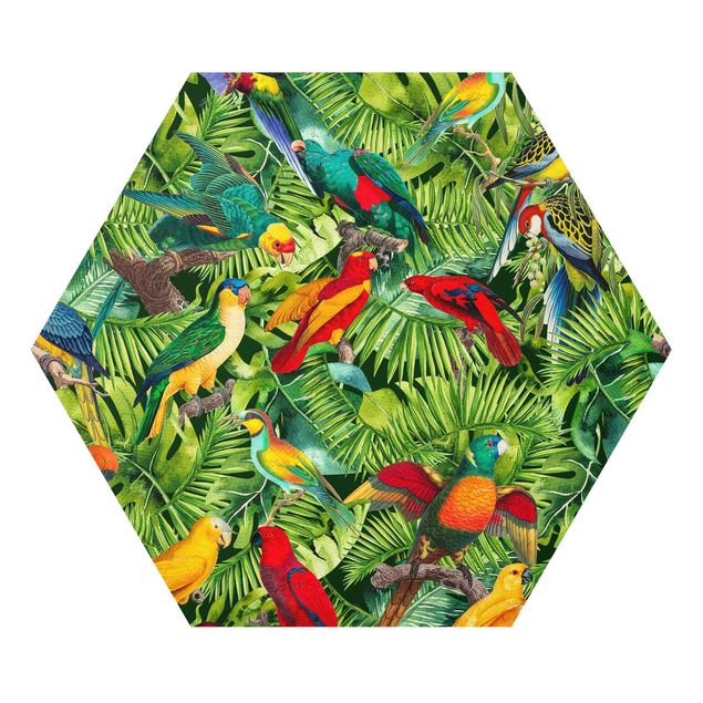 Wanddeko Büro Bunte Collage - Papageien im Dschungel