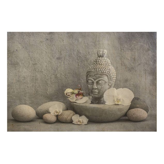 Wanddeko Wohnzimmer Zen Buddha, Orchideen und Steine