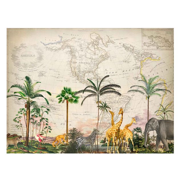 Wanddeko bunt Vintage Collage - Tierwelt auf Weltkarte