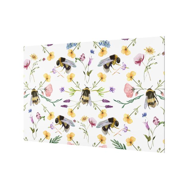 Glasrückwand Küche Muster Bienen mit Blumen
