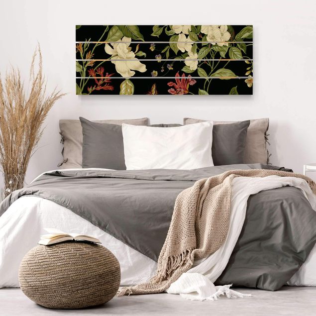 Wanddeko Schlafzimmer Gartenblumen auf Schwarz II