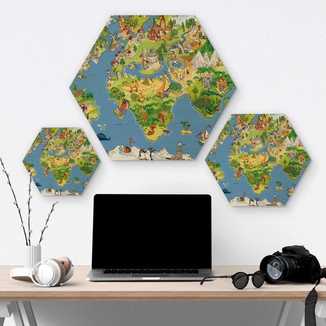 Wandbild Holz Great and funny Worldmap