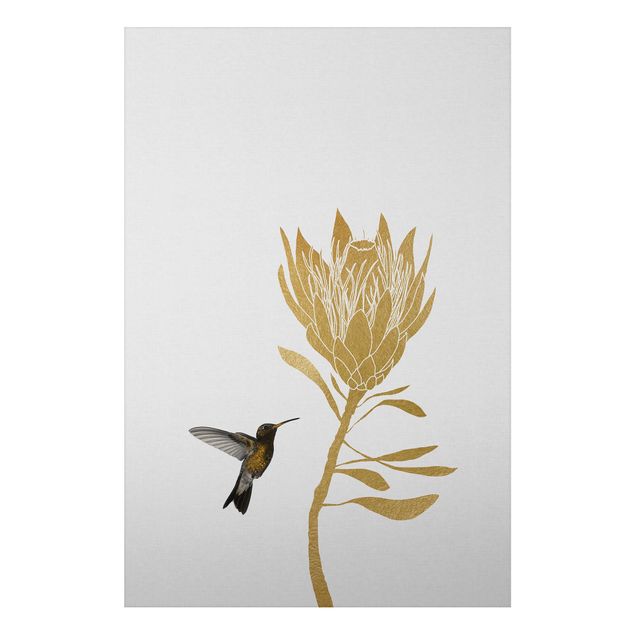 Wanddeko gold Kolibri und tropische goldene Blüte