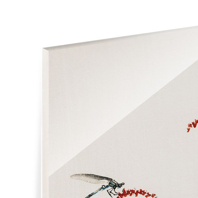 Wohndeko Tiere Asiatische Vintage Zeichnung Roter Zweig mit Libelle
