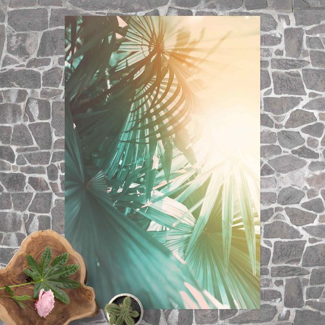 Wanddeko Flur Tropische Pflanzen Palmen bei Sonnenuntergang