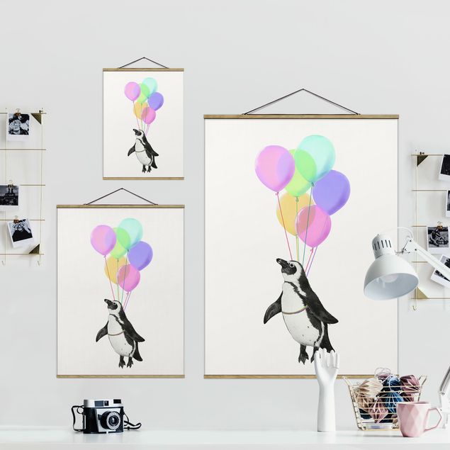 Wanddeko Büro Illustration Pinguin Pastell Luftballons