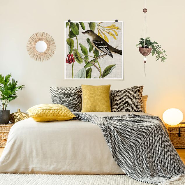 Wanddeko Schlafzimmer Vogel auf Leinen Gelb II