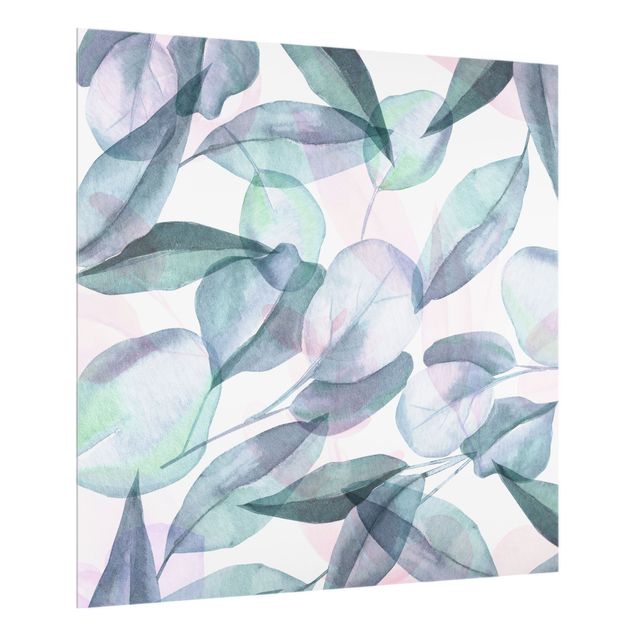 Wanddeko pastell Blaue und Rosane Eukalyptus Aquarellblätter