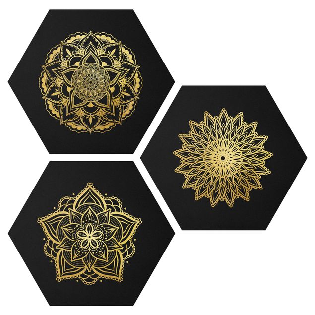 Wanddeko Esszimmer Mandala Blüte Sonne Illustration Set Schwarz Gold