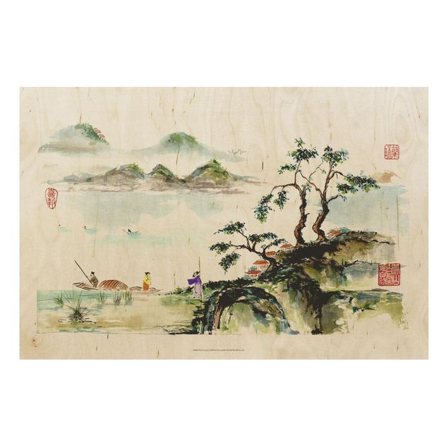 Wanddeko Flur Japanische Aquarell Zeichnung See und Berge
