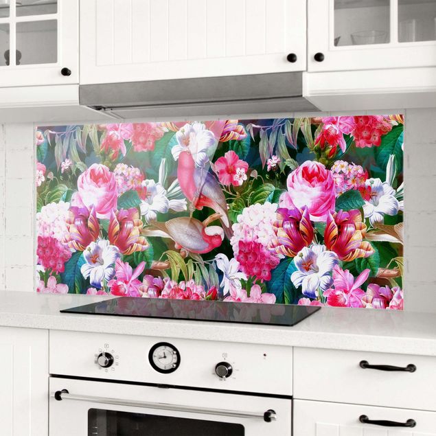 Wanddeko Küche Bunte Tropische Blumen mit Vögeln Pink