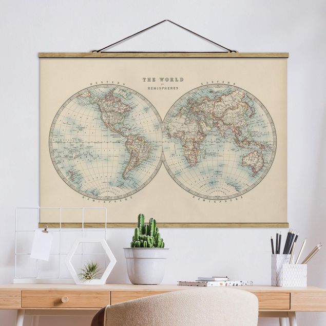 Wanddeko beige Vintage Weltkarte Die zwei Hemispheren