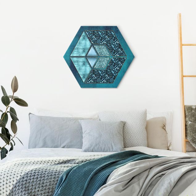 Wanddeko Flur Blaues Hexagon mit Goldkontur