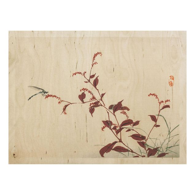 Wanddeko Flur Asiatische Vintage Zeichnung Roter Zweig mit Libelle