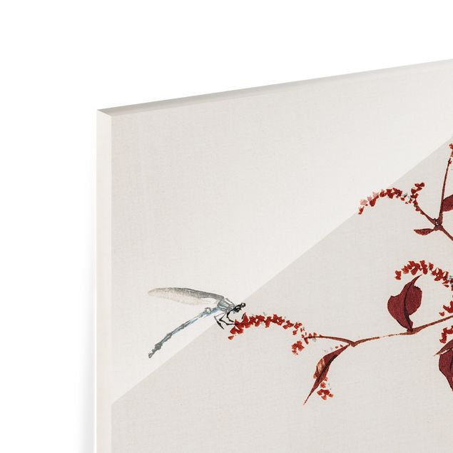 Wanddeko Tiere Asiatische Vintage Zeichnung Roter Zweig mit Libelle