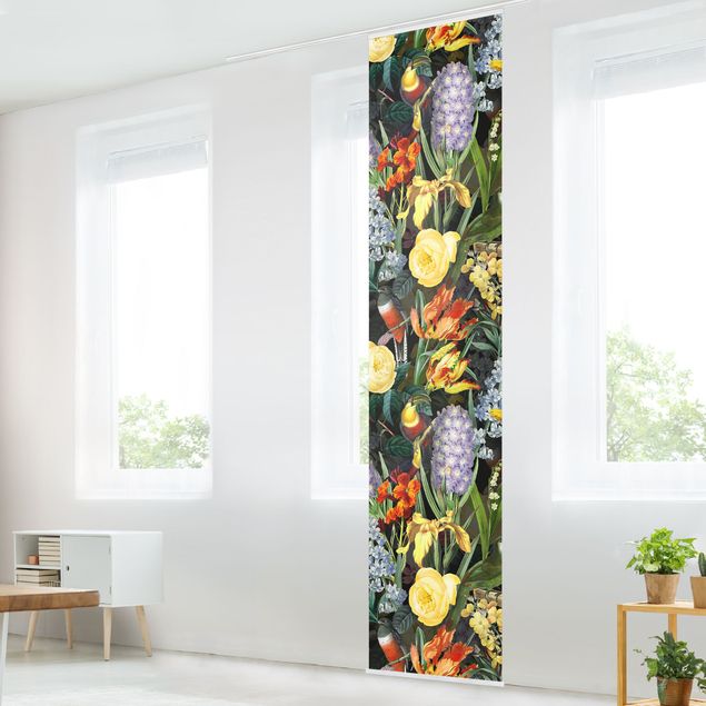 Wanddeko bunt Blumen mit Tropischen Vögeln Bunt