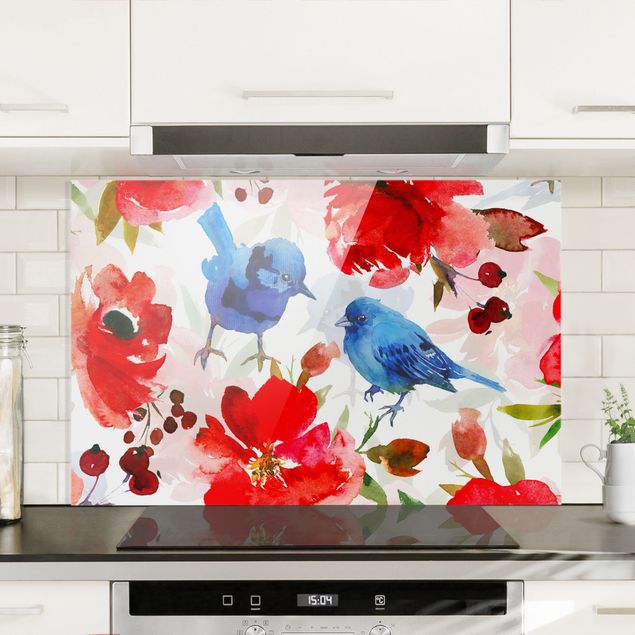 Küchen Deko Aquarellierte Vögel in Blau mit Rosen