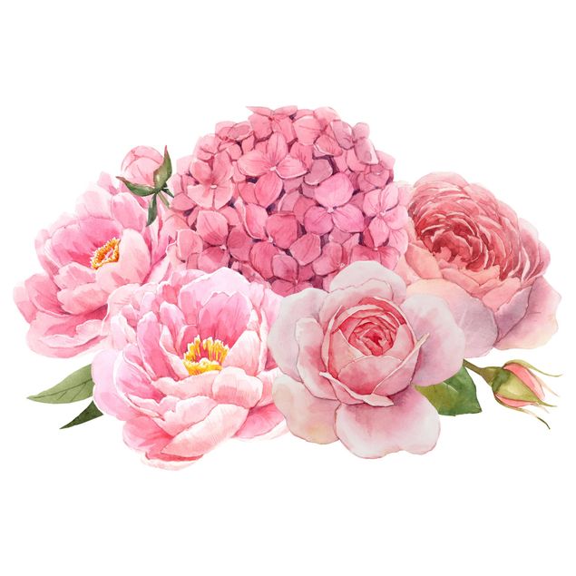 Wanddeko Flur Aquarell Hortensie Rose Bouquet XXL