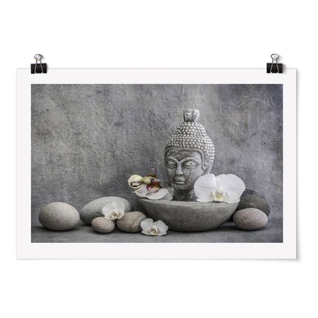 Wanddeko grau Zen Buddha, Orchideen und Steine