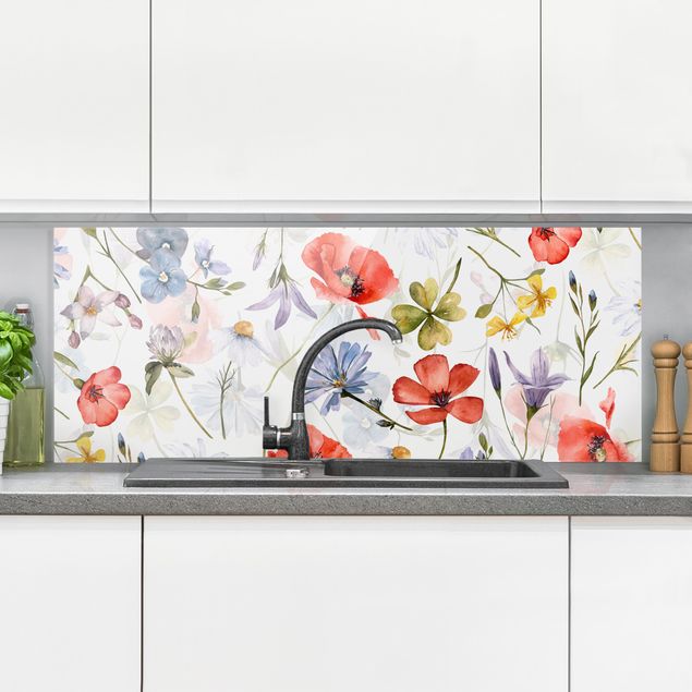 Wanddeko Küche Aquarellierter Mohn mit Kleeblatt