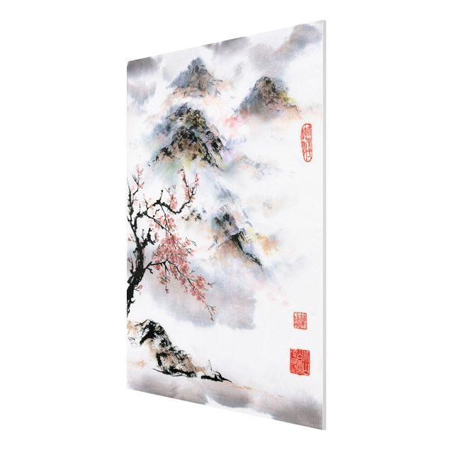 Wanddeko Flur Japanische Aquarell Zeichnung Kirschbaum und Berge