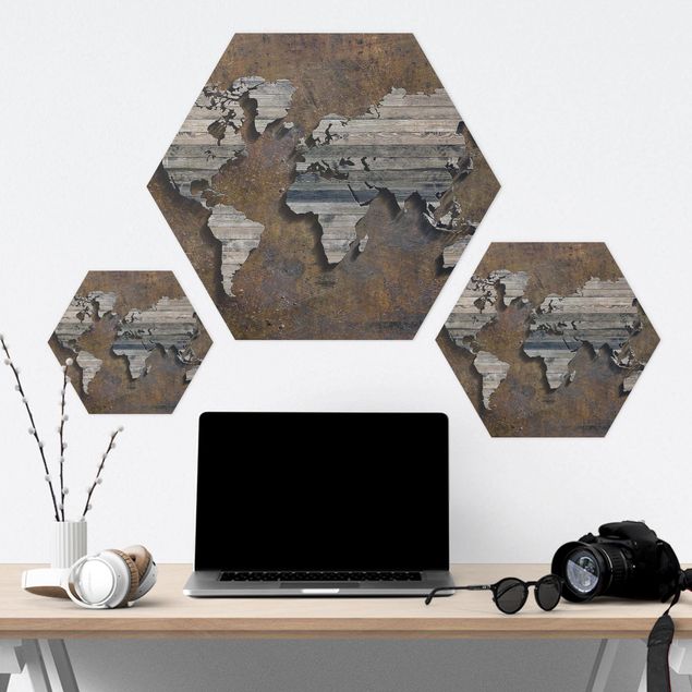 Wanddeko über Bett Holz Rost Weltkarte