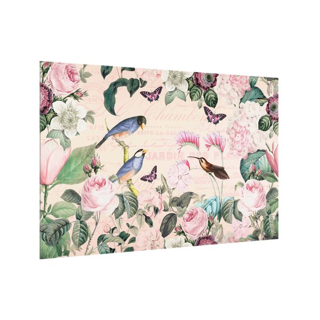 Wanddeko rosa Vintage Collage - Rosen und Vögel