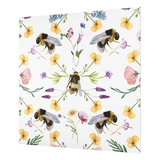 Glasrückwand Küche Muster Bienen mit Blumen