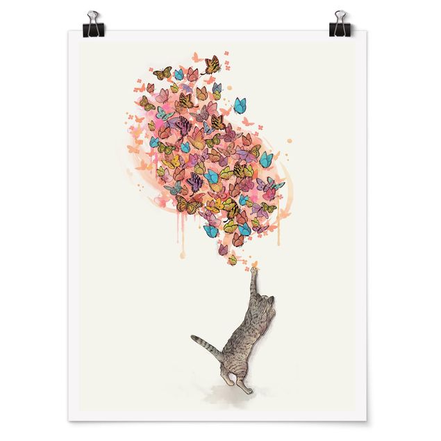 Wanddeko Büro Illustration Katze mit bunten Schmetterlingen Malerei