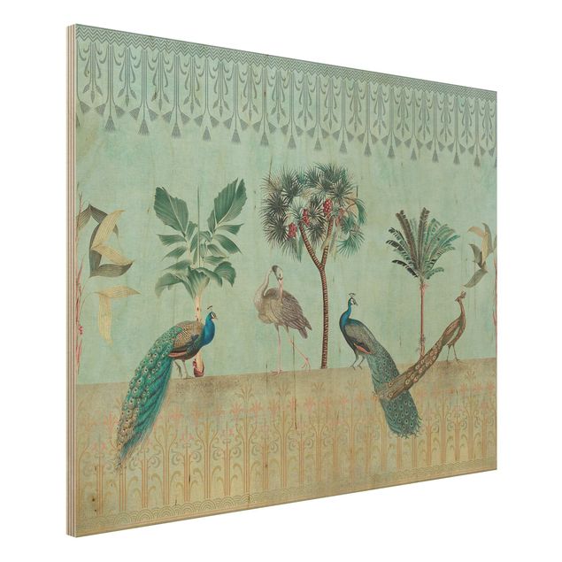 Wanddeko blau Vintage Collage - Tropische Vögel mit Palmen