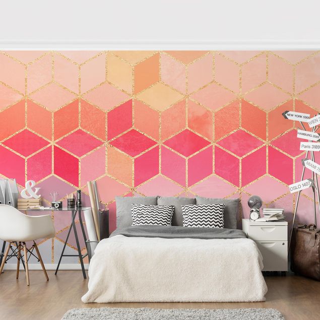 Wanddeko Schlafzimmer Buntes Pastell goldene Geometrie
