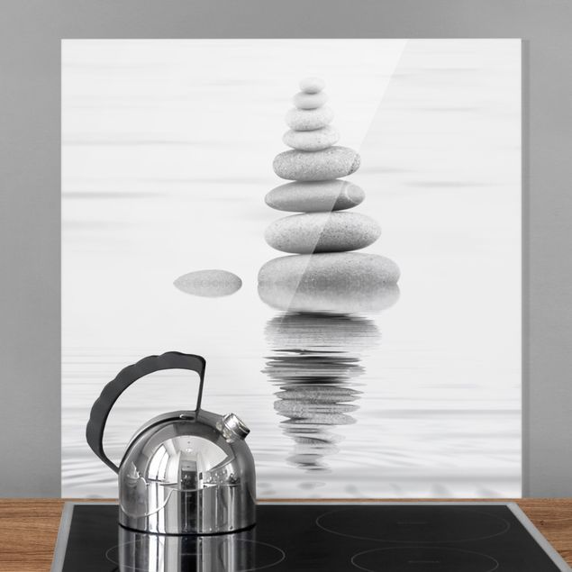 Wanddeko Küche Steinturm im Wasser Schwarz-Weiß