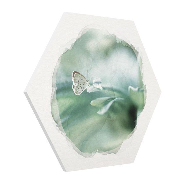 Wanddeko Flur Wasserfarben - Schmetterling und Tautropfen in Pastellgrün