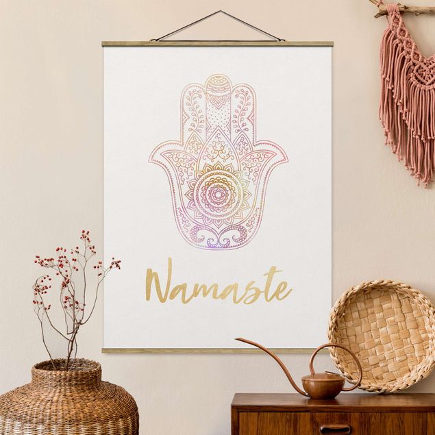 Wanddeko Wohnzimmer Hamsa Hand Illustration Namaste gold rosa